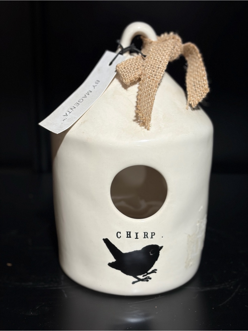Magenta Cream Ceramic Birdhouse with Black Bird Graphic